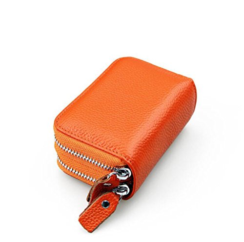 AprinCtempsD RFID Cartera Tarjeteros Piel Genuino Monedero Pequeñas Portatarjetas Mini Cremallera para Mujer Hombre (Naranja)