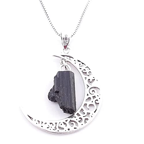 ARITZI - Colgante de Plata 925 de Luna Calada con Piedra semipreciosa Bruta - Incluye Cadena Veneciana de 45 cm en Plata de Ley rodiada - Turmalina Negra