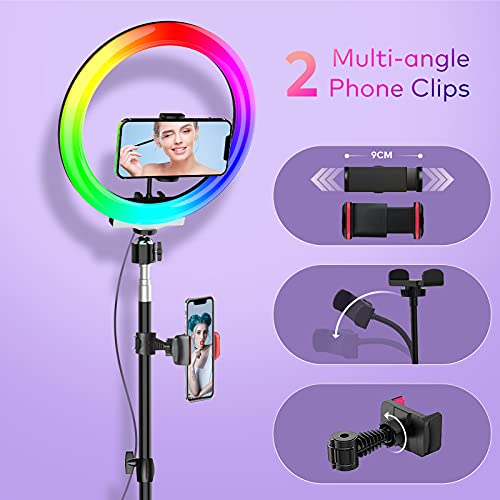 Aro De Luz con Tripode Alto, DEEFSOUL Anillo De Luz LED 10.2'' para Movil con 35 Modos RGB, 3 Efectos de Iluminación y 10 Brillo Ajustable, Se Pueden Usar para Disparos TikTok/Twich Live