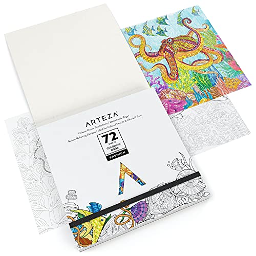 Arteza Libro de Colorear Adultos con Diseños Marinos [17x17 cm, 72 páginas], 50 Imágenes Originales Diferentes a Una Sola Cara, Libro de Colorear Relajante y Antiestrés