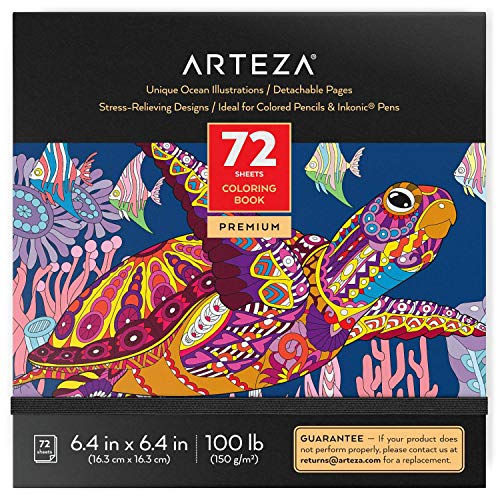 Arteza Libro de Colorear Adultos con Diseños Marinos [17x17 cm, 72 páginas], 50 Imágenes Originales Diferentes a Una Sola Cara, Libro de Colorear Relajante y Antiestrés