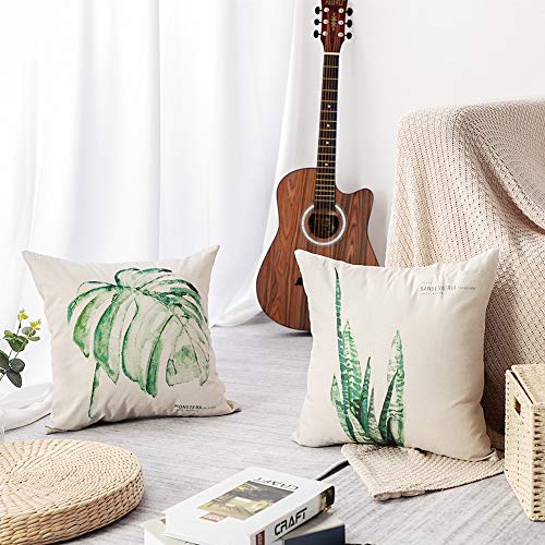 Artscope Set de 4,Funda de Cojín 45x45cm,Funda de Almohada para Cojín Cuadrado Poliéster Lino para Sofá Cama Decoración para Hogar (Hoja Verde Simple)