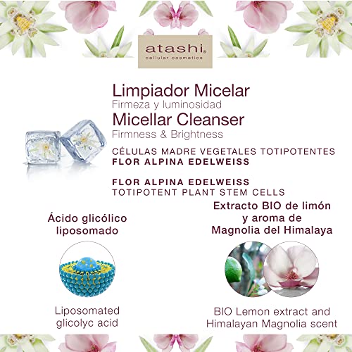 Atashi Firmeza Y Luminosidad | Limpiador Micelar Facial Nutritivo | Con Extracto Eco De Edelweiss, Vitamina C Y Ácido Glicólico | Para Todo Tipo De Pieles | 25Ml, 250 Mililitro