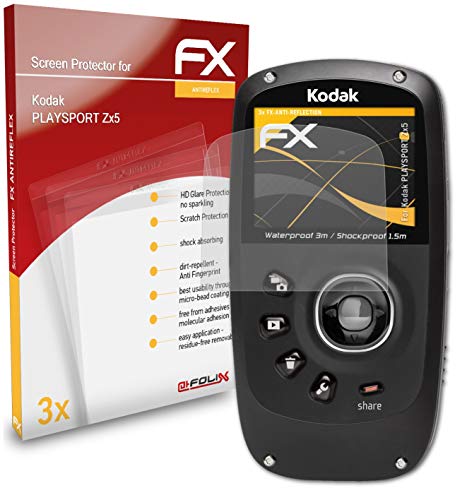 atFoliX Película Protectora Compatible con Kodak PLAYSPORT Zx5 Lámina Protectora de Pantalla, antirreflejos y amortiguadores FX Protector Película (3X)