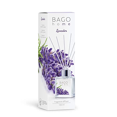 BAGO home Difusor de Varillas Perfumado - Lavanda, 100 ml | con 8 Palitos de Fibra | Ambientador sin Alcohol para casa, oficina, baño