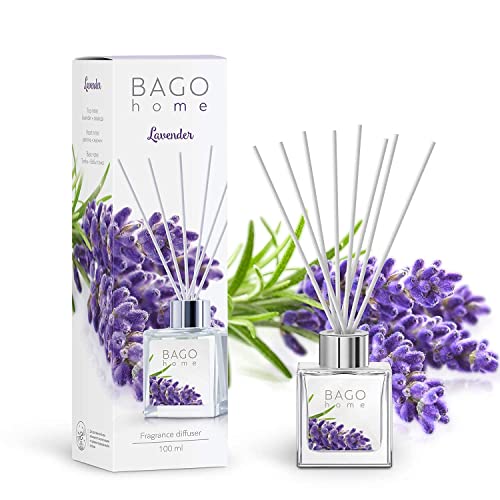 BAGO home Difusor de Varillas Perfumado - Lavanda, 100 ml | con 8 Palitos de Fibra | Ambientador sin Alcohol para casa, oficina, baño