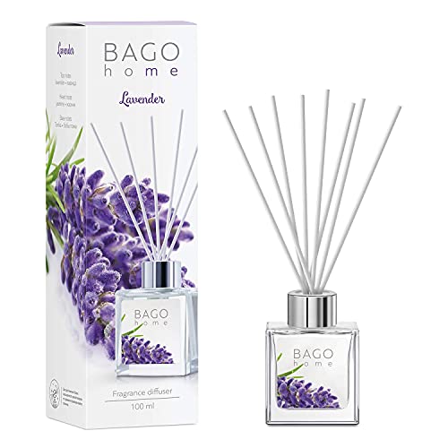 BAGO home Difusor de Varillas Perfumado - Lavanda, 100 ml | con 8 Palitos de Fibra | Ambientador sin Alcohol para casa, oficina, baño