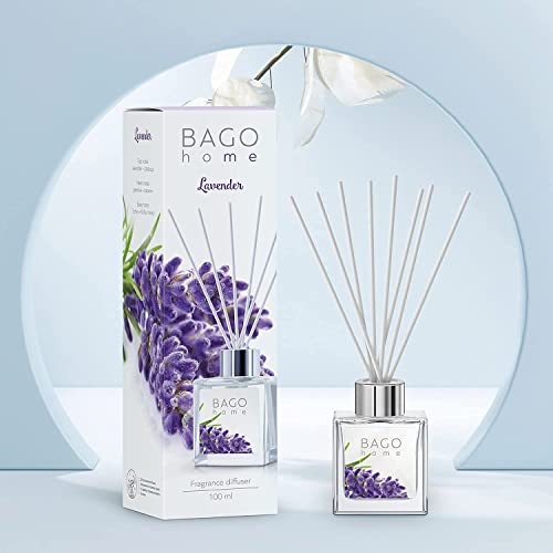 BAGO home Difusor de Varillas Perfumado - Lavanda, 100 ml | con 8 Palitos de Fibra | Ambientador sin Alcohol para casa, oficina, baño