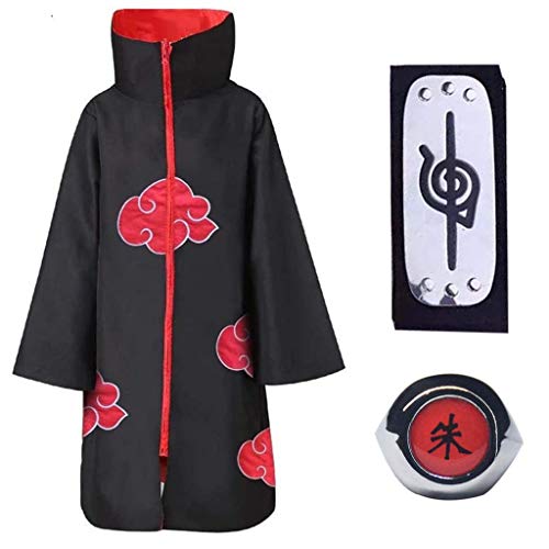 Baipin 3 Piezas Set Disfraz de Itachi Uchiha (Akatsuki) Cosplay Naruto Capa Larga de Naruto Akatsuki Diadema de Naruto Leaf Village y Anillo de Naruto Akatsuki para fanáticos de Naruto Unisex