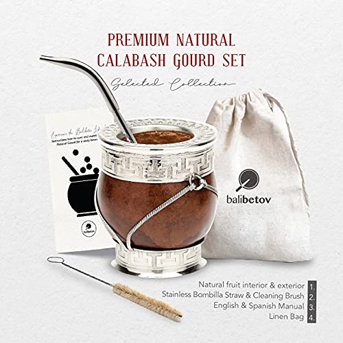 BALIBETOV Colección Seleccionada - Mate Natural Premium con Detalles en Plata Alemana - Set de Mate Natural Hecho a Mano en Argentina - Incluye Bombilla de Acero Inoxidable y Cepillo de Limpieza