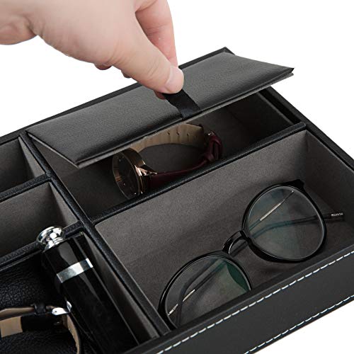 Bandeja de Valet Cuero para Hombres - Caja de Almacenamiento Escritorio o Aparador Organizador, Captura para Llaves, Teléfono, Billetera, Moneda, Joyería y Mesa de Noche (Negro, 25 x 19 x 5cm)