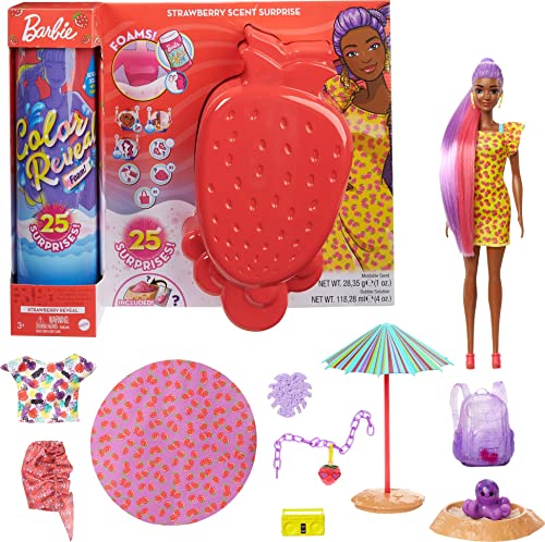 Barbie Color Reveal con espuma Fresa, muñeca sorpresa con vestido y accesorios de moda de verano de juguete (Mattel GTN18)