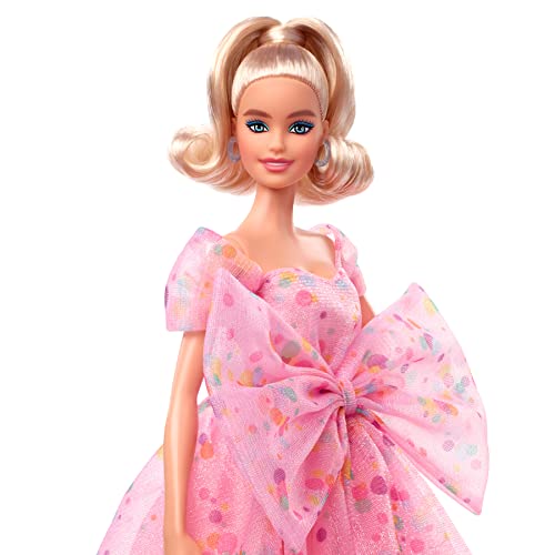 Barbie Signature - Deseos de cumpleaños, muñeca rubia con vestido rosa funfetti con lazo grande, juguete de colección (Mattel HCB89)