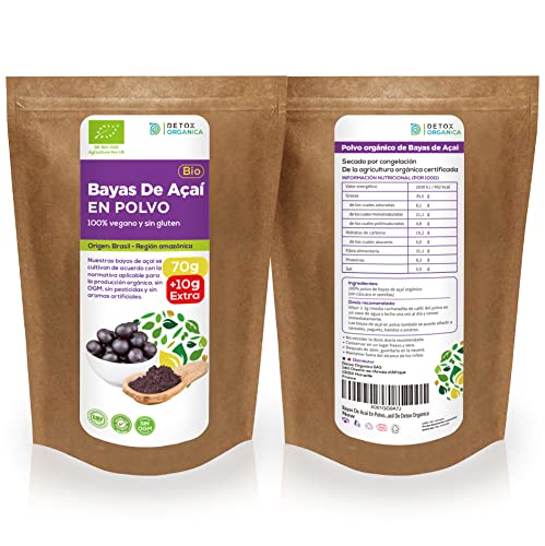 Bayas De Acai En Polvo Orgánico 70g + 10g EXTRA – Bayas Acai Congelado BIO (Freeze – Dried/Liofilizadas) – Acai Berry Extracto Crudo De La Pulpa – Acai Organico Cultivado en Brasil De Detox Organica