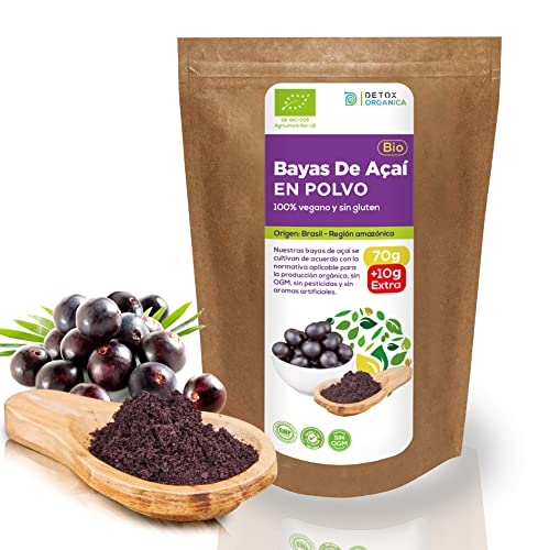 Bayas De Acai En Polvo Orgánico 70g + 10g EXTRA – Bayas Acai Congelado BIO (Freeze – Dried/Liofilizadas) – Acai Berry Extracto Crudo De La Pulpa – Acai Organico Cultivado en Brasil De Detox Organica