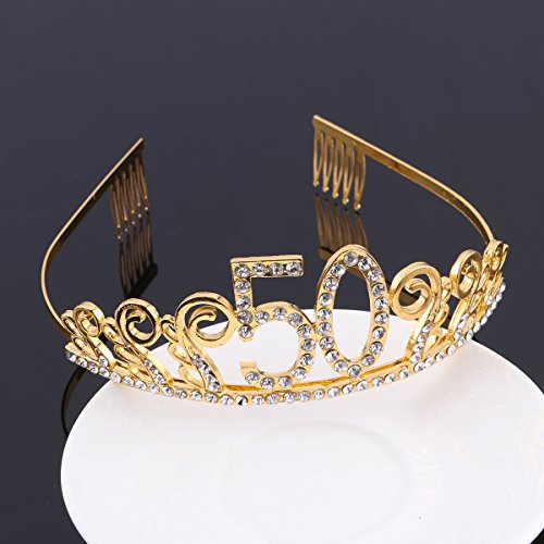 Beaupretty Corona de Pelo Para 50 Cumpleaños, Tiara de Cristal Para Mujer Con Peines, Corona de Princesa de Diamantes de Imitación, Regalos de 50 Años Para Bodas (Dorado)