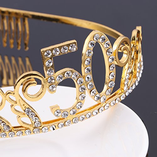 Beaupretty Corona de Pelo Para 50 Cumpleaños, Tiara de Cristal Para Mujer Con Peines, Corona de Princesa de Diamantes de Imitación, Regalos de 50 Años Para Bodas (Dorado)