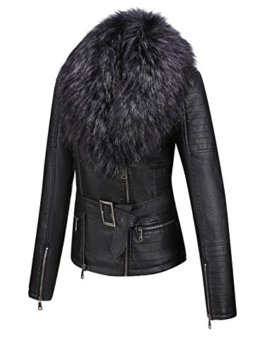 BELLIVERA Chaqueta de Cuero Sintético Para Mujer Abrigo Corto con Cinturón de Motocicleta Cálido de Invierno con Cuello de piel Desmontable 9203 Negro 3XL