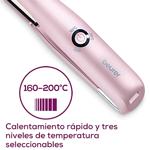 Beurer HS 20 Plancha de pelo a batería con carga USB, tres ajustes de temperatura y calentamiento rápido, ideal para los desplazamientos, rosa