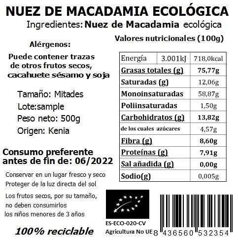 BIOCOMERCIO | Nueces de macadamia ecológicas | nuez de macadamia orgánica | 500 gramos | Nueces enteras | Frutos secos | Producto ecológico y orgánico | BIO