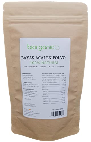 Biorganic Bayas de Açai en Polvo, 100g. Polvo de bayas de acai de Brasil. 100% natural. Sin MGOs. Rico en fibra, vitaminas y minerales.