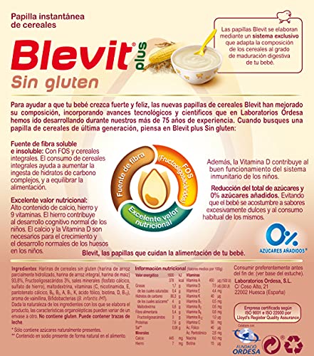 Blevit Plus Sin Gluten - Papilla de Cereales para Bebé con Harina de Arroz y Harina de Maíz - Sin Azúcares Añadidos - Desde los 4 meses - 600g