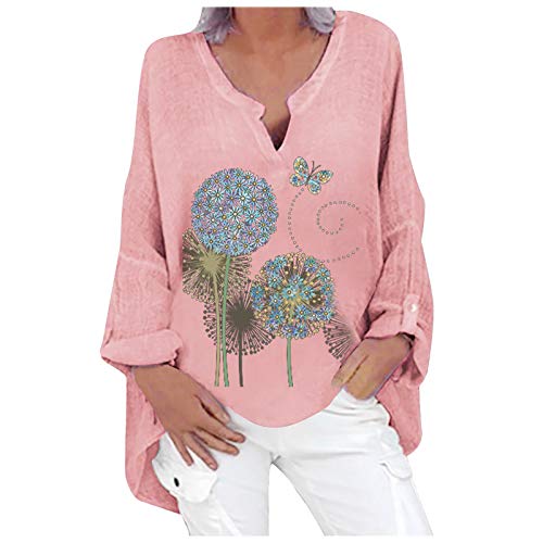 Blusas y Camisas de Manga Larga para Mujer con Cuello en V, 2021 Moda Casual Camiseta de Lino de Gran Tamaño Sudadera Verano Camisa con Estampado de Girasol Túnica Tops Largos Sueltos(B Rosa,XXL)