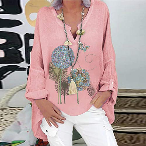 Blusas y Camisas de Manga Larga para Mujer con Cuello en V, 2021 Moda Casual Camiseta de Lino de Gran Tamaño Sudadera Verano Camisa con Estampado de Girasol Túnica Tops Largos Sueltos(B Rosa,XXL)