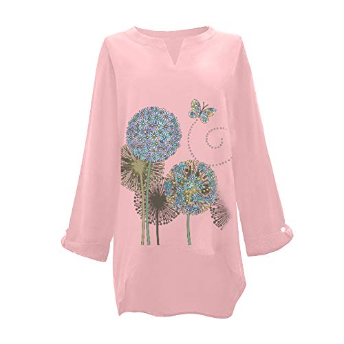 Blusas y Camisas de Manga Larga para Mujer con Cuello en V, 2021 Moda Casual Camiseta de Lino de Gran Tamaño Sudadera Verano Camisa con Estampado de Girasol Túnica Tops Largos Sueltos(B Rosa,XXL)