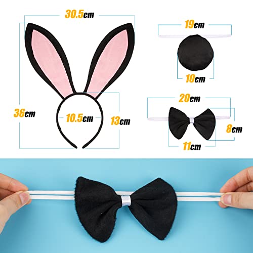 BOFUNX 2 Conjuntos de Accesorios de Conejo Disfraz Conejito Diadema de Orejas Pajarita Cola para Fiesta de Disfraces Cosplay Traje Sets Blanco + Negro 6pcs Mujer Niña Adulto