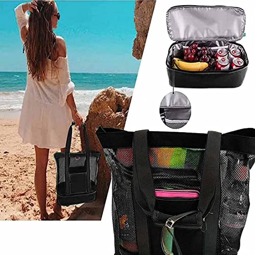 Bolsa Multibolsillo Malla Picnic,Bolsa de Playa Portátil de Malla,Picnic Bolsa de Playa Bolsa de Picnic de Playa con Cremallera de Malla de Aislamiento Térmico de Doble Capa (negro)