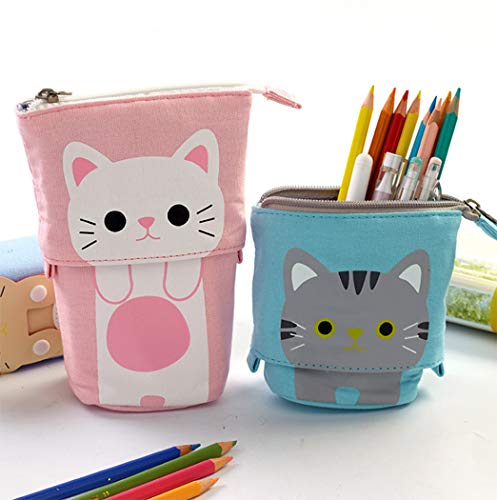 Bolsas telescópicas para lápices Hillento, soporte para lápices, caja de lápices telescópica para gatos organizador de bolígrafos bolsa de papelería, pequeña bolsa de cosméticos con cremallera, rosa