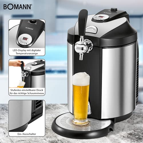 Bomann BZ 6029 CB-Grifo de Cerveza (para Todos los barriles de 5 litros, Pantalla LED para Regular la Temperatura y refrigeración de 2 °C a 12 °C, Carcasa de Acero Inoxidable), 18/8