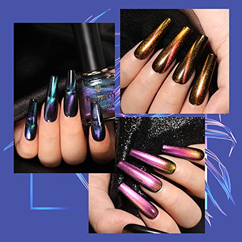 BORN PRETTY 6ml 3D Cat Eyes Chameleon Nail Polish 3 Colors Set, Black Base Polish with Magnet Sticks