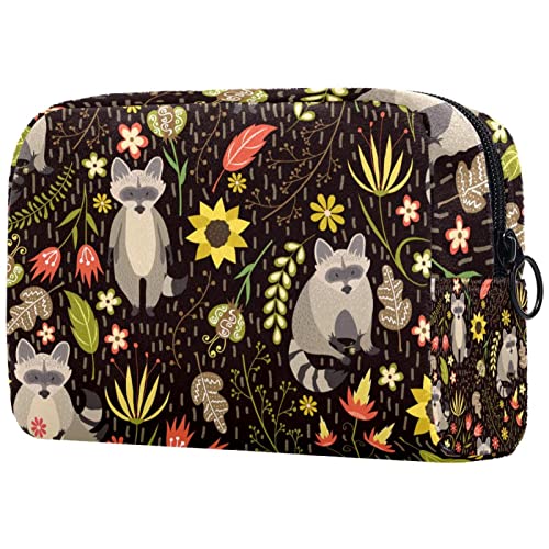 Bosque de dibujos animados mapache patrón floral viaje colgante neceser bolsa de maquillaje cosmético organizador rápido bolsa de maquillaje para mujeres niñas niños