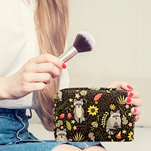 Bosque de dibujos animados mapache patrón floral viaje colgante neceser bolsa de maquillaje cosmético organizador rápido bolsa de maquillaje para mujeres niñas niños