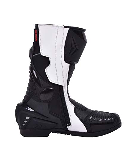 Botas de moto Hombre, botas de cuero deportivas, impermeables, de cuero, protectores rígidos integrados estables, con protección de tobillo, negro blanco - 42