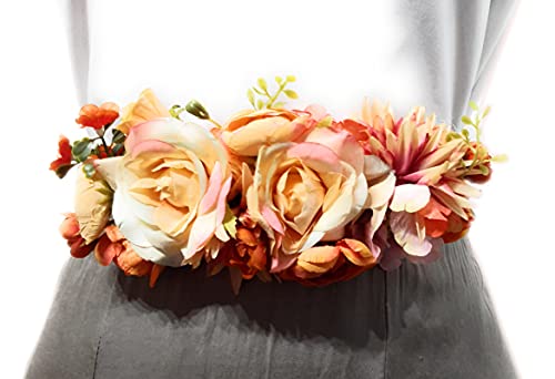 BRANDELIA Cinturones de Flores para Vestidos de Fiesta Mujer Cinturones Elásticos Mujer con Flores Artificiales, Cinta Beis Flores Naranja