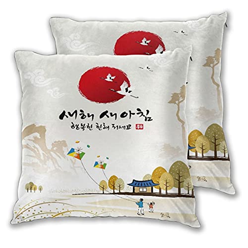 BROWCIN 2 Pack Funda de Almohada Feliz año Nuevo traducción de Texto Coreano y Cometas Tradicionales Volando Personas Perros Lino Suave Cuadrado Sofá Cama Decoración Hogar para Cojín 30cm x 30cm