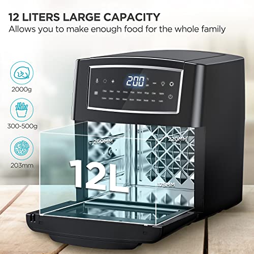 BSJKitchen Freidora de aire caliente, 12 l, freidora sin aceite, Air Fryer con 18 programas, función Keep Warm, pantalla táctil, temperatura regulable, sin BPA, 100 recetas, papel, AF12L-ES-V2