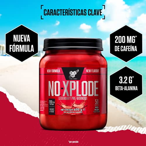 BSN N.O.-Xplode Pre-workout Powder, Suplemento Deportivo con Cafeína, Aminoácidos, Vitamina C y Zinc, Red Rush, 50 Porciones, 650 g, Embalaje Puede Variar