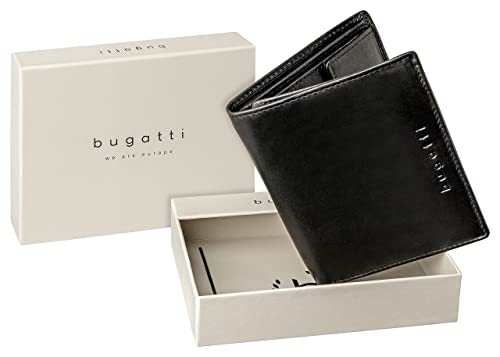 Bugatti Romano Cartera Hombre Piel con Seguridad RFID y Monedero, Vertical - Negro