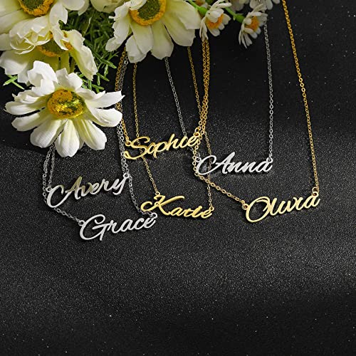 BUREI - Collar con nombre personalizado chapado en oro de 14 quilates, joyería para mujeres y niñas, de 35,5 cm, 40,6 cm o 45,7 cm, Metal,