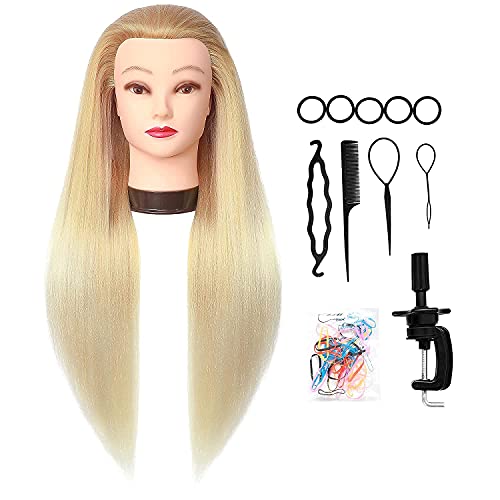 Cabeza maniquí, DanseeMeibr 66cm cabeza peluqueria Practicas Formación de la Cosmetología para trenza 100% de cabello sintéticas, cabeza de muñeca con Soporte de Mesa + Accesorios de Peinado