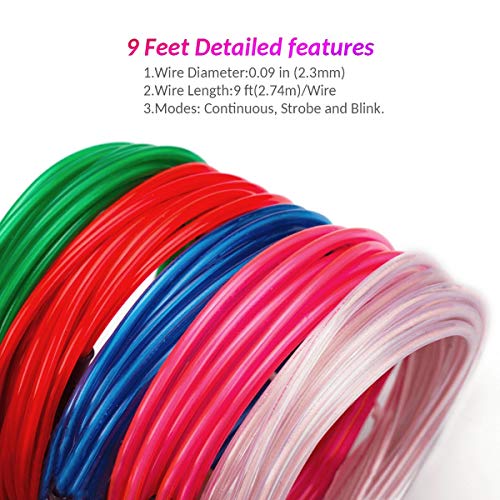 Cable Electrico 3 hilos 5Pack - Neon vivos strobing electroluminiscencia de El de alambre (Azul, Verde, Rojo, Amarillo, rosa) Luces de Neon con 3 Modos batería controlador