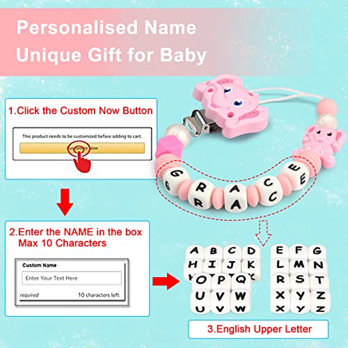 Cadenas Chupetes Personalizados Silicona Clips de Chupete Nombre Perlas de dentición Elefante Mordedores Chupetero para Niño Chicas Bebé Regalo de Ducha(Rosa)