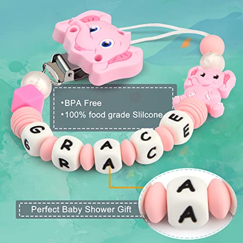 Cadenas Chupetes Personalizados Silicona Clips de Chupete Nombre Perlas de dentición Elefante Mordedores Chupetero para Niño Chicas Bebé Regalo de Ducha(Rosa)