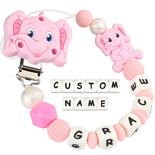 Cadenas Chupetes Personalizados Silicona Clips de Chupete Nombre Perlas de dentición Elefante Mordedores Chupetero para Niño Chicas Bebé Regalo de Ducha(Rosa)