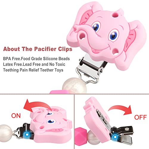 Cadenas Chupetes Personalizados Silicona Clips de Chupete Nombre Perlas de dentición Elefante Mordedores Chupetero para Niño Chicas Bebé Regalo de Ducha(Rosa)