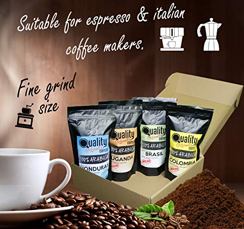 Café Molido. Quality Roasters Coffees. 100% Arabica. Pack regalo y degustación. Molido fino. 4 orígenes: Colombia, Uganda, Brasil, Honduras. 4x250g. Tostado artesanal.